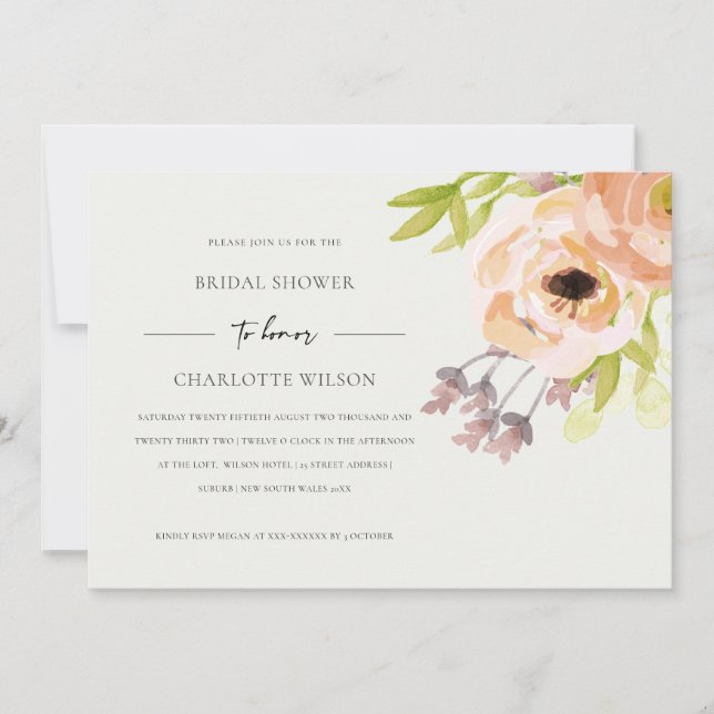 OFF WHITE BLUSH PINK PEACH FLORAL BRIDAL SHOWER INVITATION (Front)
