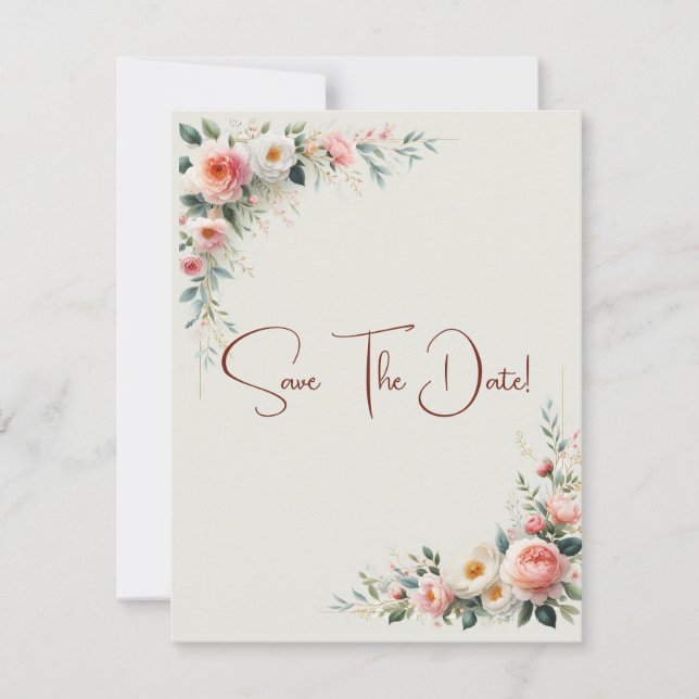 Off White & Cinnamon Floral Save The Date Invitation (Front)