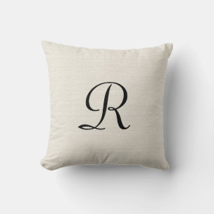 Off White Faux Burlap Black Monogram Cushion