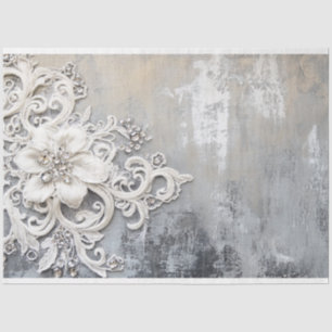 Off White Floral Lace Embroidered Silver Patina Tissue Paper