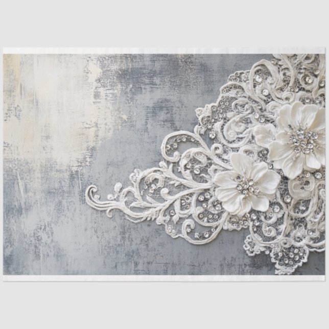 Off White Floral Lace Embroidered Silver Patina Tissue Paper (Front)