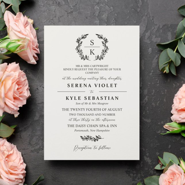 Off White Grey Laurel Wreath Monogram Wedding Invitation (Creator Uploaded)