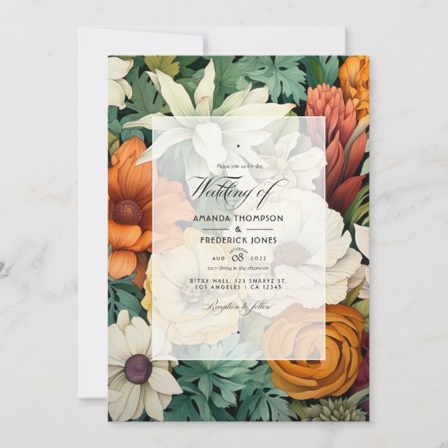Off-White, Hunter Green, Brown and Orange Wedding Invitation (Front)