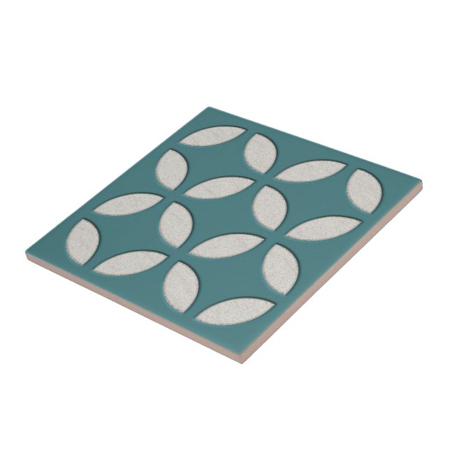 Off-White Ivory Dark Teal Blue Ethnic Mosaic Art Tile (Side)