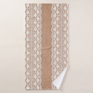 Off-White Lace on Brown Burlap Texture Bath Towel
