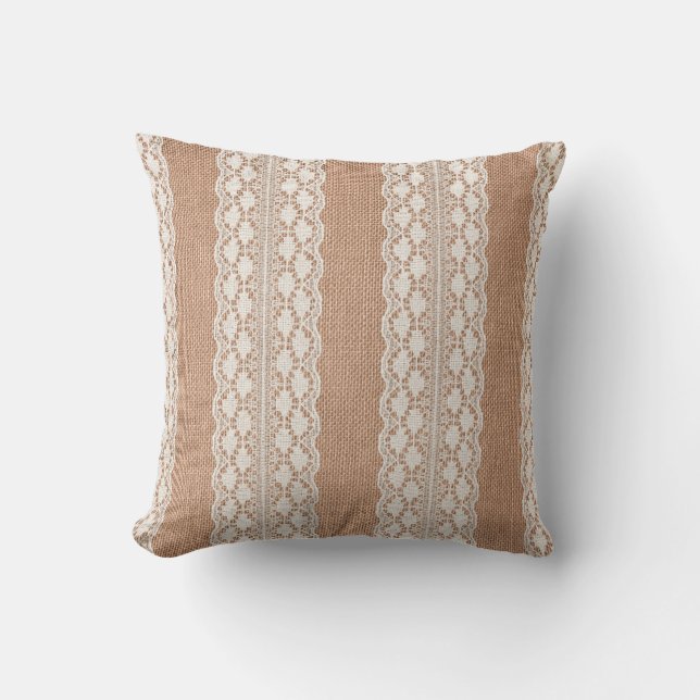 Off-White Lace on Brown Burlap Texture Cushion (Front)