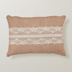 Off-White Lace on Brown Burlap Texture Decorative Cushion
