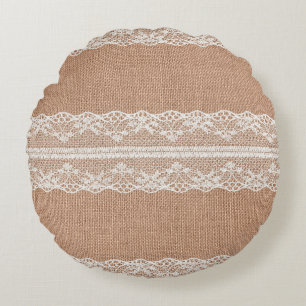 Off-White Lace on Brown Burlap Texture Round Cushion