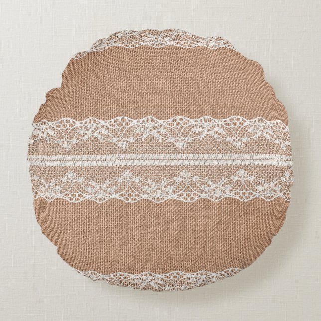 Off-White Lace on Brown Burlap Texture Round Cushion (Front)