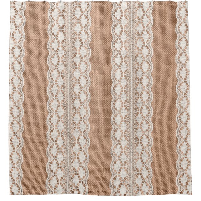 Off-White Lace on Brown Burlap Texture Shower Curtain (Front)