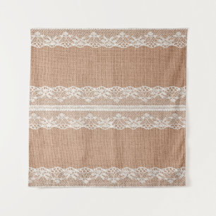 Off-White Lace on Brown Burlap Texture Tapestry
