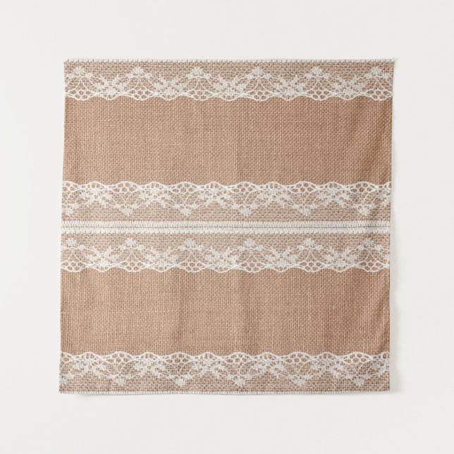 Off-White Lace on Brown Burlap Texture Tapestry (Front)