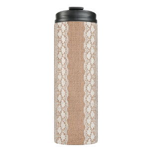 Off-White Lace on Brown Burlap Texture Thermal Tumbler