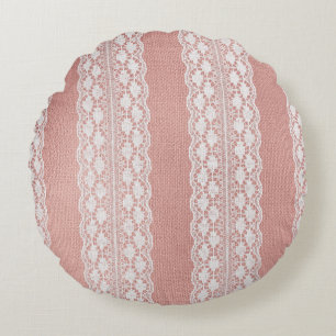 Off-White Lace on Metallic Rose Golden Cloth Textu Round Cushion