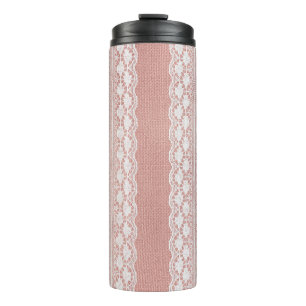 Off-White Lace on Metallic Rose Golden Cloth Textu Thermal Tumbler