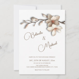 Off White Magnolia Raised Effect Flower Wedding Invitation