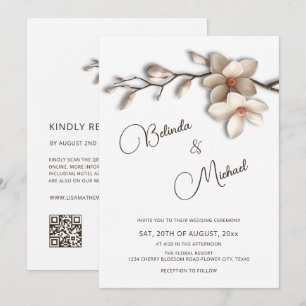 Off White Magnolia Raised Effect Flower Wedding Invitation
