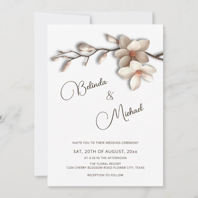 Off White Magnolia Raised Effect  Flower Wedding Invitation (Front)