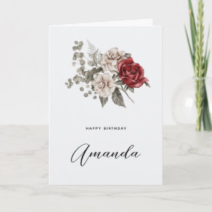 Off-White & Red Roses Floral Bouquet Birthday Card