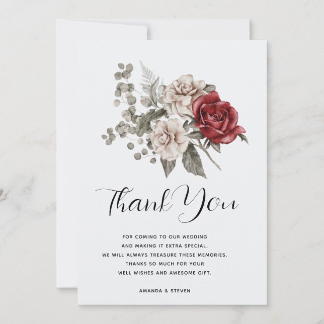Off-White & Red Roses Floral Bouquet Thank You Card (Front)