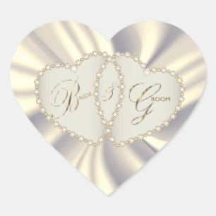 Off White Satin Bride & Groom   Dual Hearts Heart Sticker