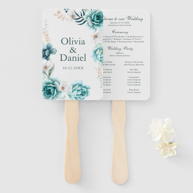 Off-White & Teal Floral Wedding Program Hand Fan (Front and Back)