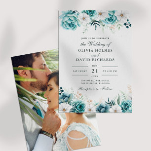Off-White Teal Wildflowers Couple Photo Wedding Invitation