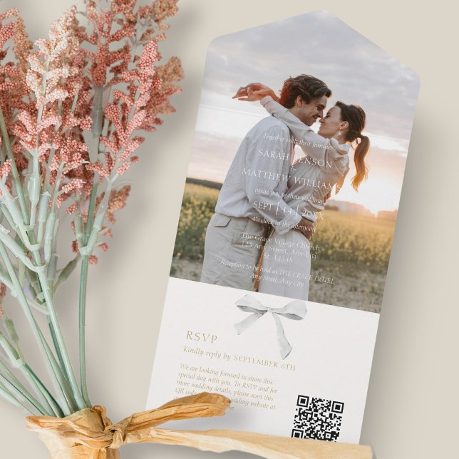Off White | Trendy White Ribbon & Photo Wedding OR All In One Invitation (Creator Uploaded)