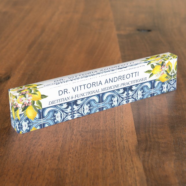 Office gifts blue tiles and lemons Italian themed  Nameplate (Side)