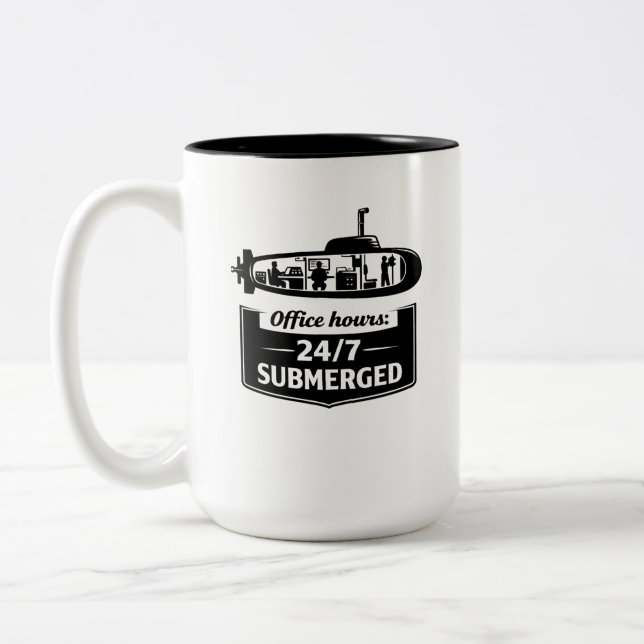 Office Hours 24/7 Submerged Submarine Humor Two-Tone Coffee Mug (Left)