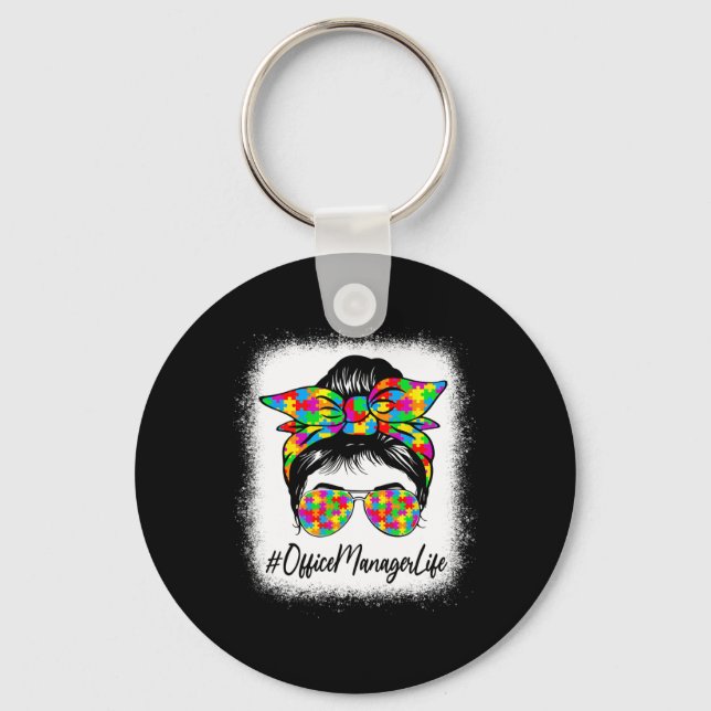 Office Manager Messy Bun Supporting Autism Awarene Key Ring (Front)