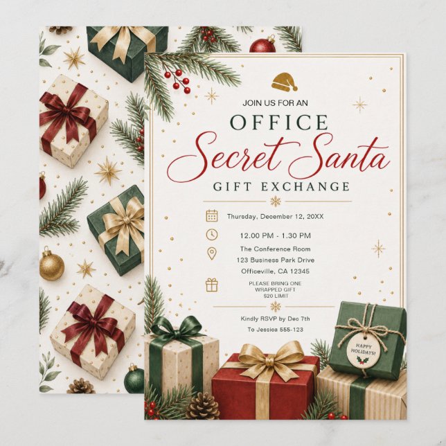 Office Secret Santa Gift Exchange Invitation (Front/Back)