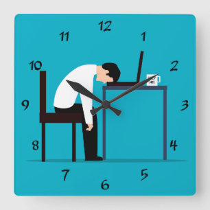 Office Worker Falling Asleep at Desk Square Wall Clock