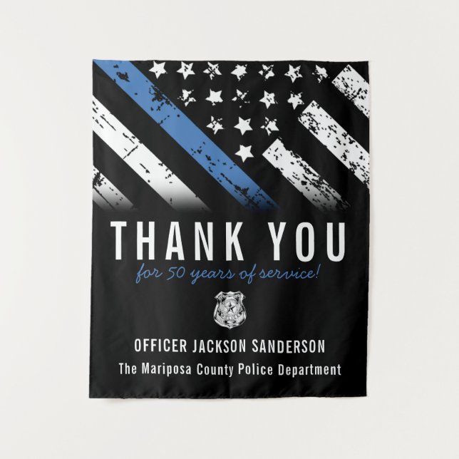 Officer Anniversary Blue Line Police Retirement  Tapestry (Front)