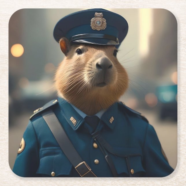 Officer Capybara: Keeping the Peace,  Square Paper Coaster (Front)