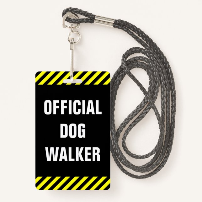"OFFICIAL DOG WALKER"; Black, Yellow Stripes Badge ID Badge (Front with Lanyard)