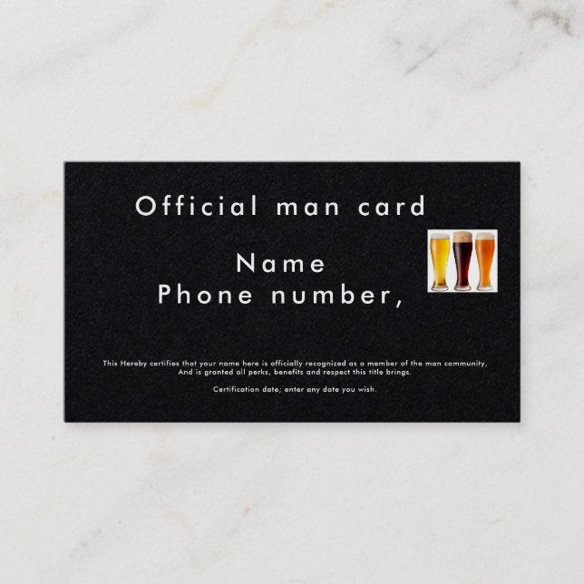 Official man card, or pickup line business card (Front)
