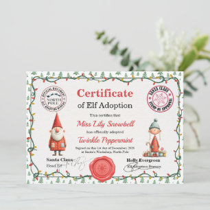 Official North Pole Elf Adoption Certificate  Invitation