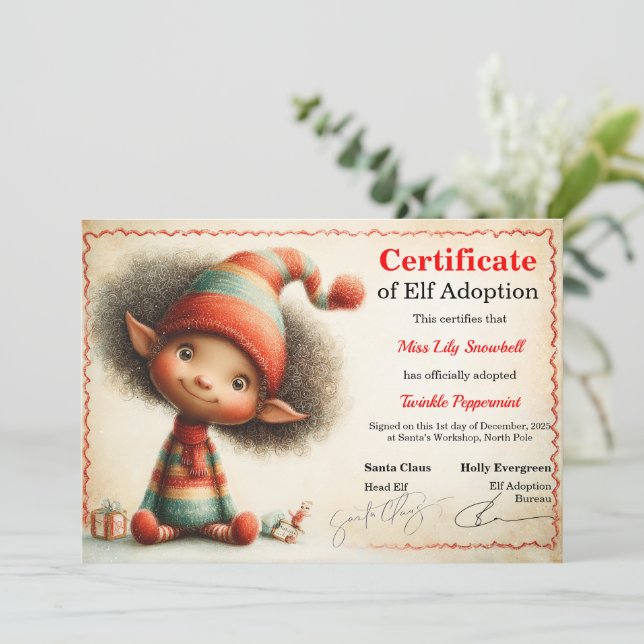 Official North Pole Elf Adoption Certificate  Invitation (Standing Front)