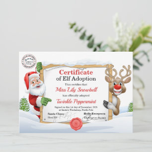 Official North Pole Elf Adoption Certificate  Invitation