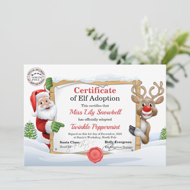 Official North Pole Elf Adoption Certificate  Invitation (Standing Front)