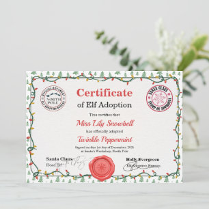 Official North Pole Elf Adoption Certificate  Invitation