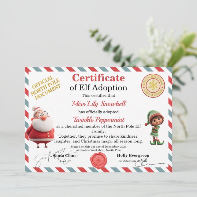 Official North Pole Elf Adoption Certificate  Invitation (Standing Front)