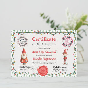 Official North Pole Elf Adoption Certificate  Invitation