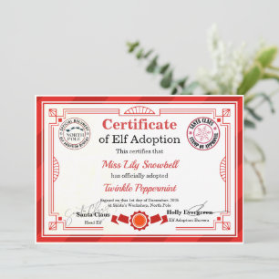 Official North Pole Elf Adoption Certificate  Invitation