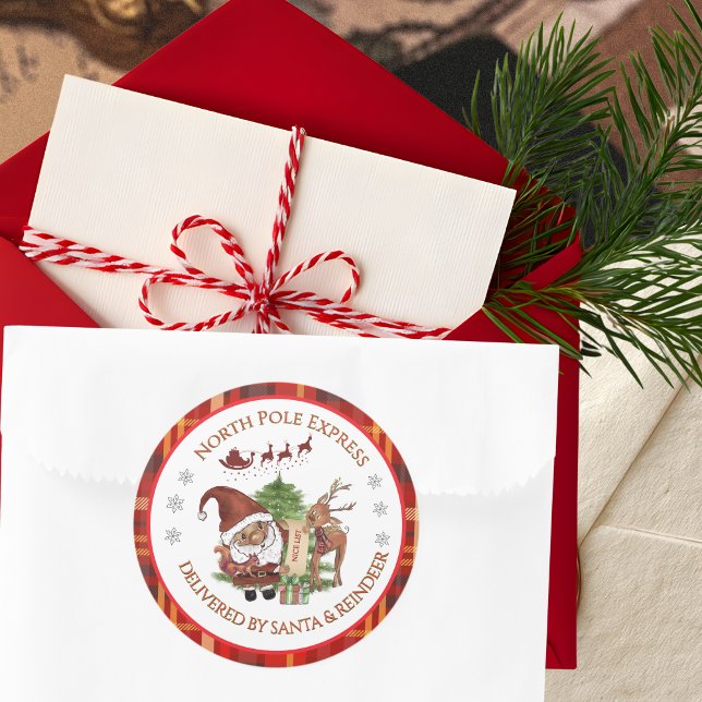 Official North Pole Express Santa Red Plaid  Classic Round Sticker (Official North Pole Express Santa Red Plaid Classic Round Sticker)