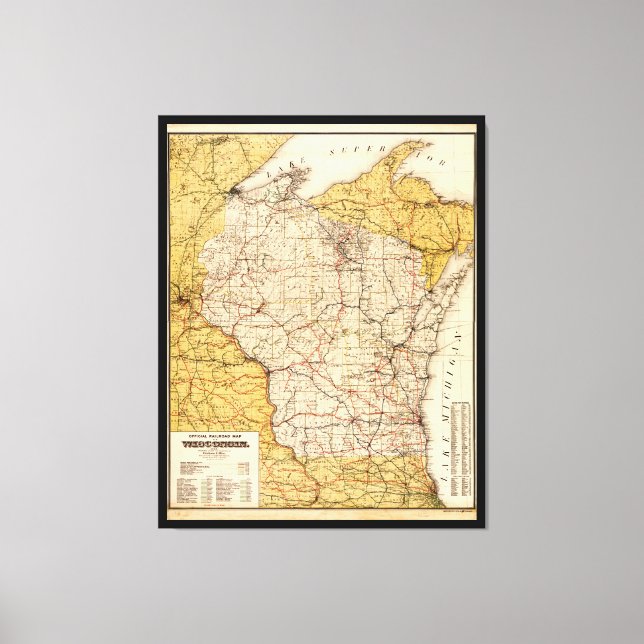 Official Railroad Map of Wisconsin (1900) Canvas Print (Front)