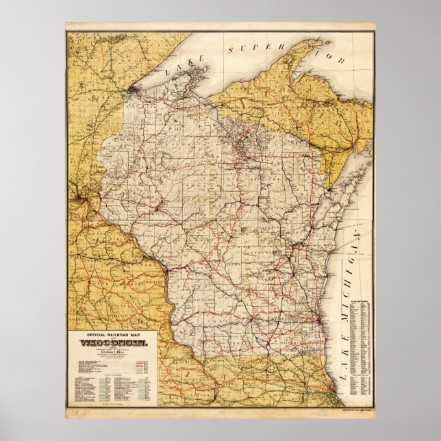 Official Railroad Map of Wisconsin (1900) Poster (Front)