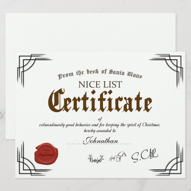 Official Santa Nice List Certificate Holiday Card (Front/Back)