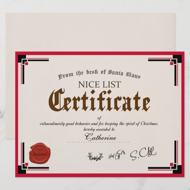 Official Santa Nice List Certificate Holiday Card (Front/Back)